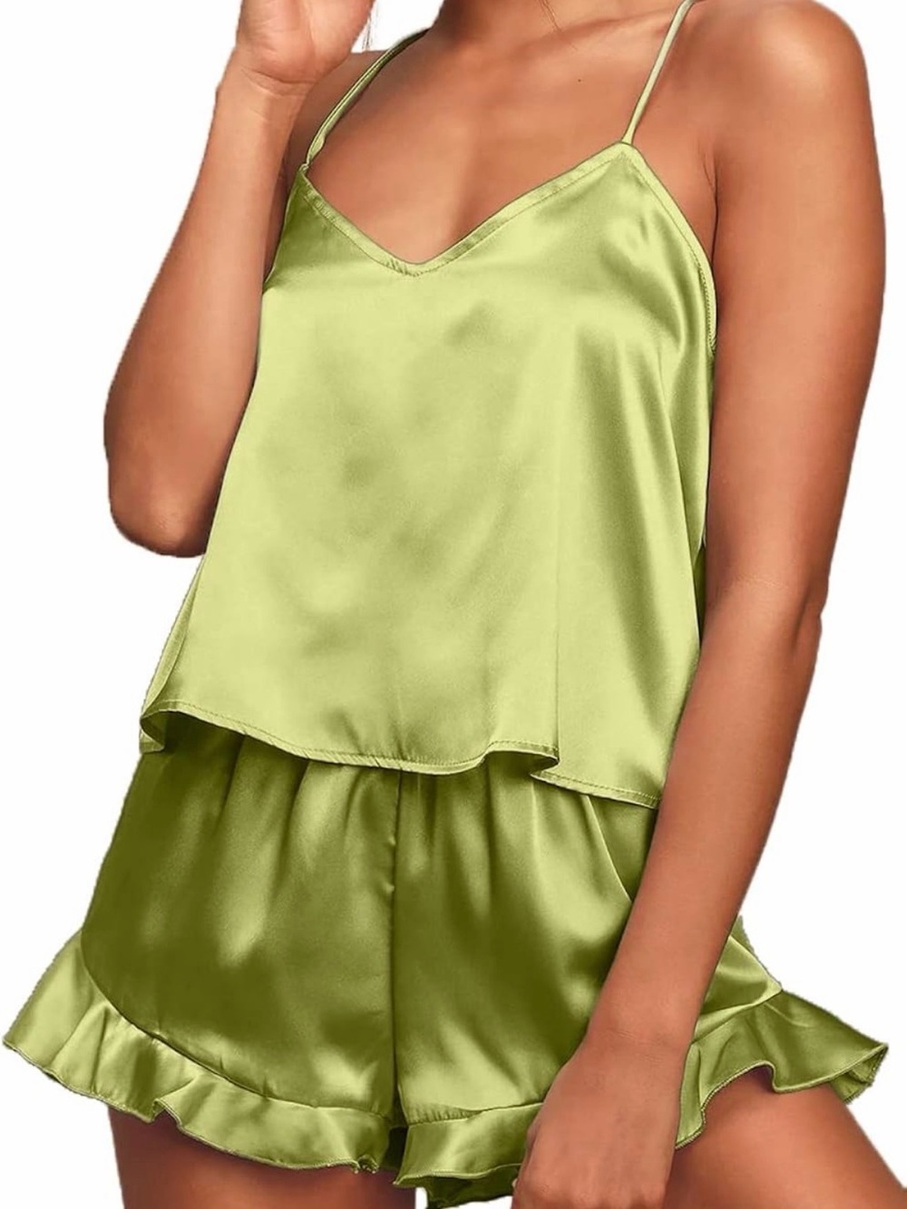 Satin Sleep Set Cami & Ruffle Shorts in Olive Green